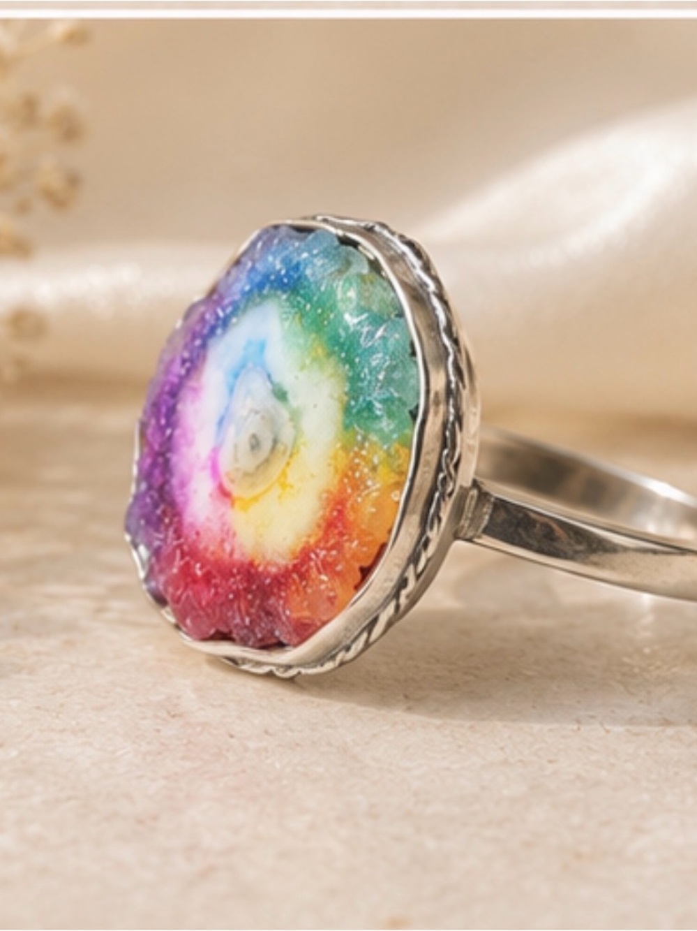 925 Sterling Silver Rainbow Opal Cabochon Ring -